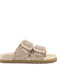Sandali stile Birkenstock Coral Blue in pelle intrecciata oro e cipria con doppia fascia e fibbie gioiello vista laterale