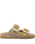 Coral Blue sandali stile Birkenstock donna in raffia multicolor con doppia fascia e fibbie gioiello vista laterale