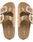 Vista dall'alto sandali Coral Blue stile Birkenstock in raffia multicolor con doppia fascia regolabile e fibbie gioiello