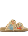 Sandali stile Birkenstock Coral Blue in raffia beige con ricami floreali, frange e doppia fascia vista laterale