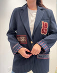 Meme Road – Blazer Donna Oversize Gessato Blu con Patch