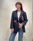 Meme Road – Blazer Donna Oversize Gessato Blu con Patch