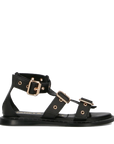 Janet & Janet - Sandali Donna in Pelle Nera con Fibbie Regolabili Borchie Oro