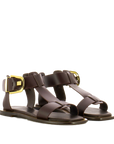 Sandali donna Bibi Lou in pelle marrone con fibbia oro e design minimal vista tre quarti