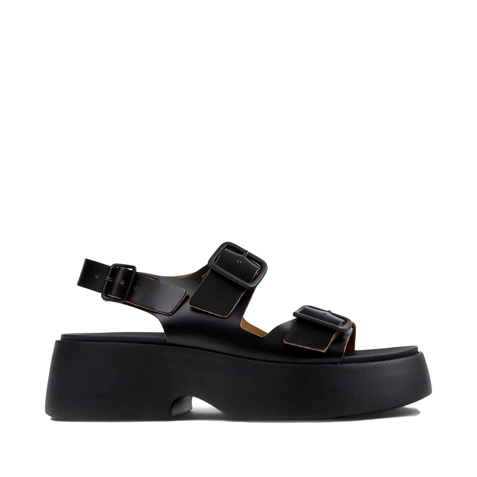 Sandali Camper Tasha donna neri in pelle con tripla fibbia regolabile e platform XL EXTRALIGHT® vista laterale.