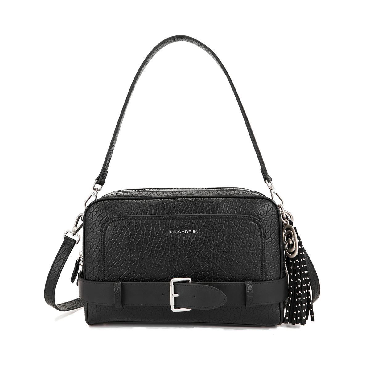 La Carrie Belty borsa donna nera effetto rettile con fibbia e frange