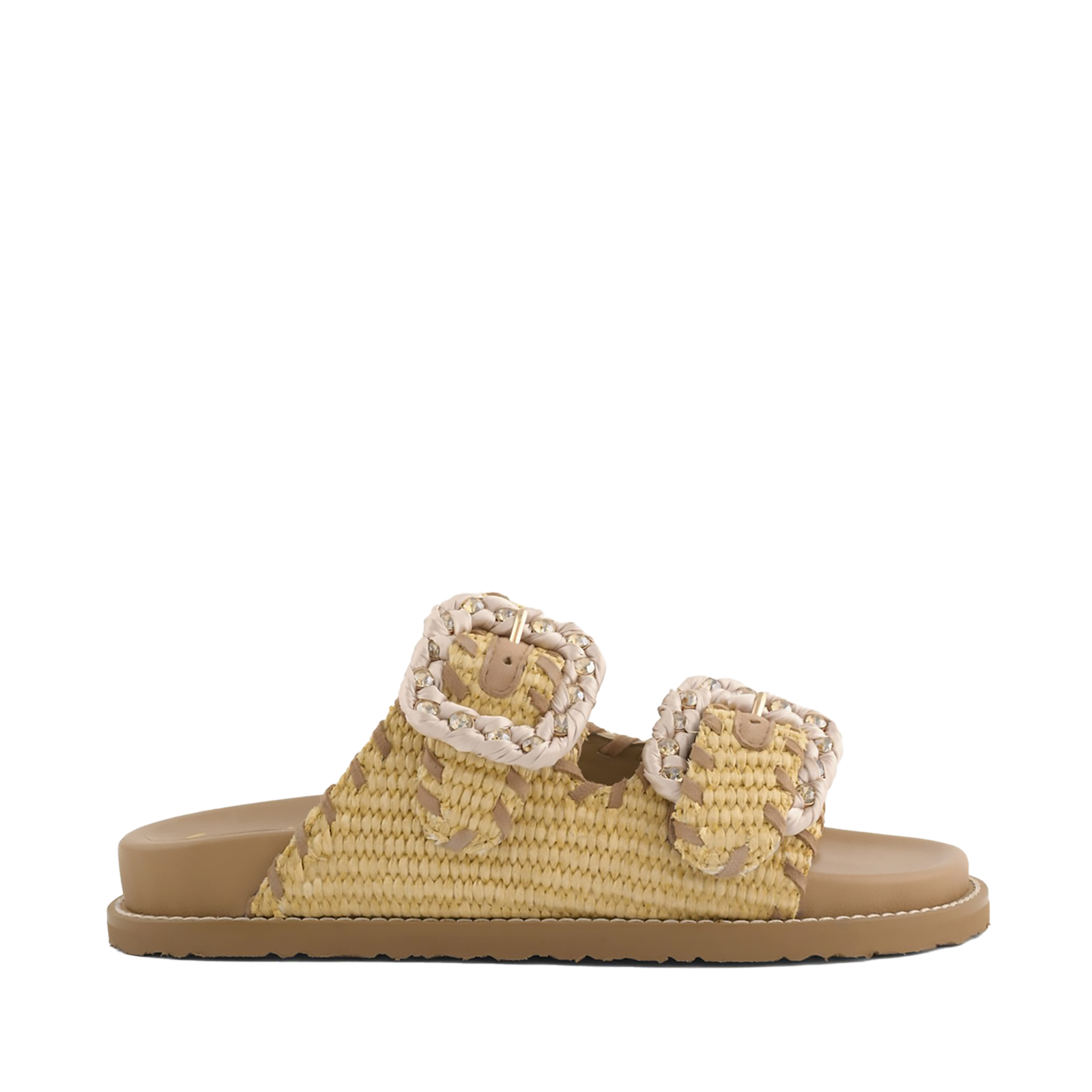 Coral Blue - Sandali in Raffia Beige Doppia Fascia Fibbie Gioiello