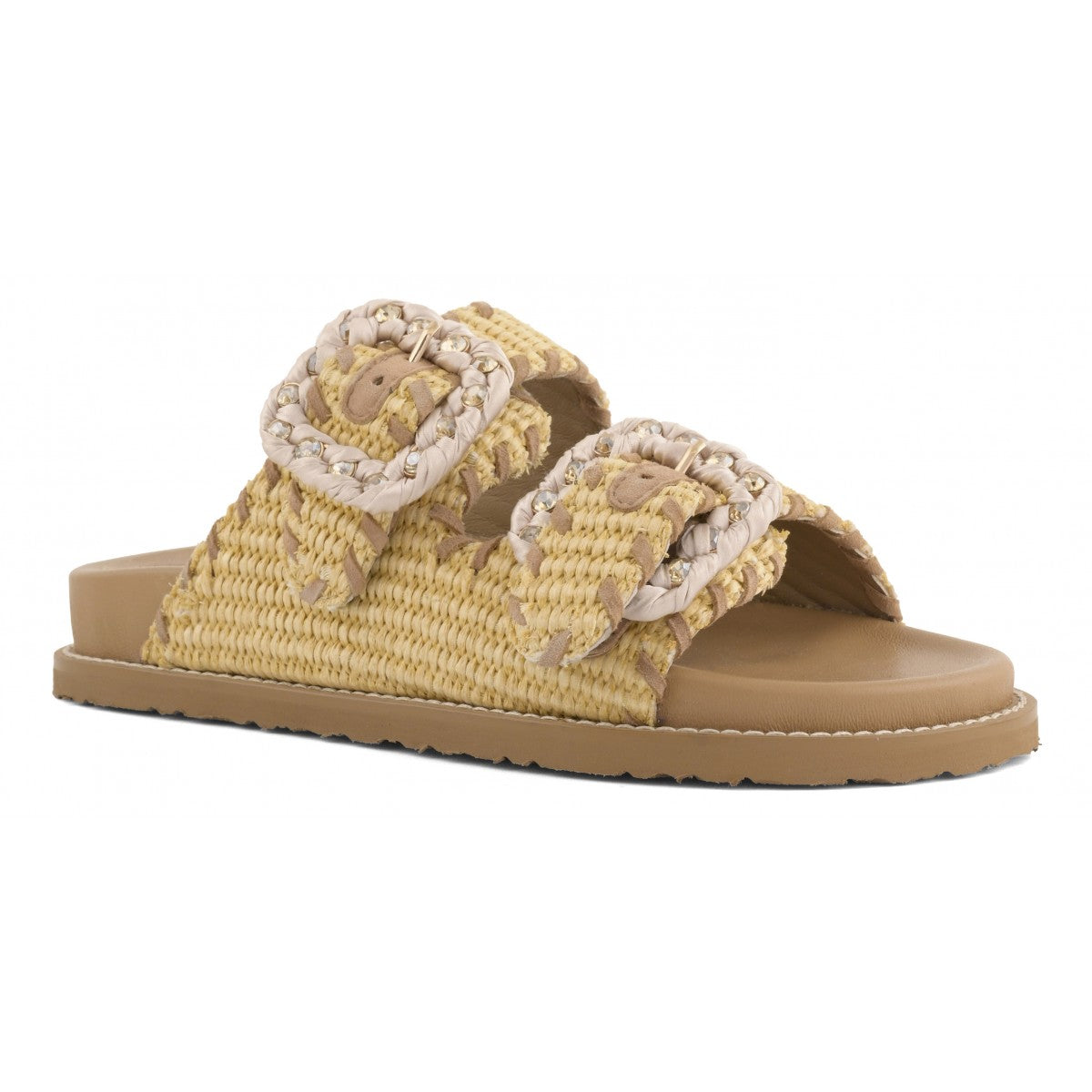 Coral Blue - Sandali in Raffia Beige Doppia Fascia Fibbie Gioiello