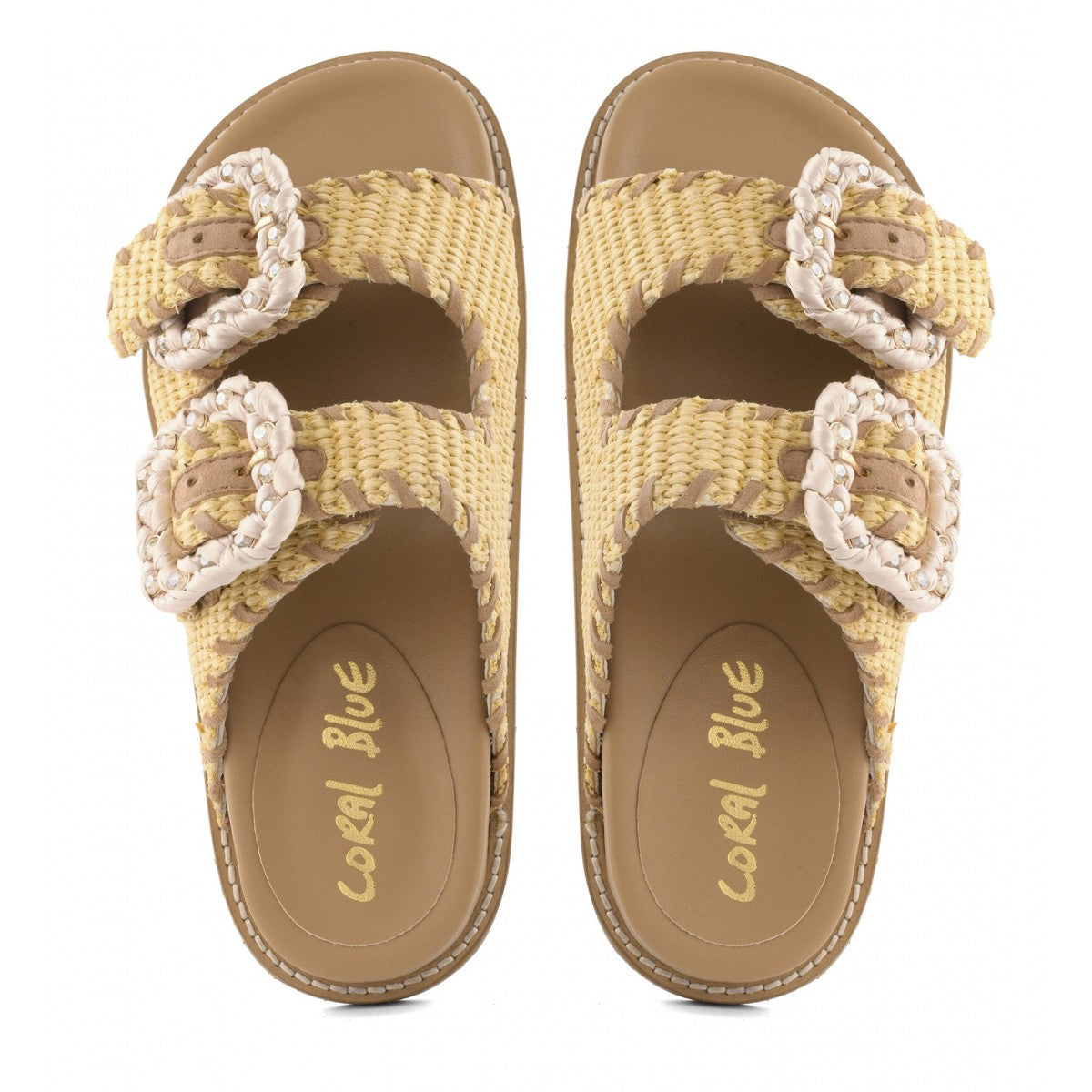 Coral Blue - Sandali in Raffia Beige Doppia Fascia Fibbie Gioiello