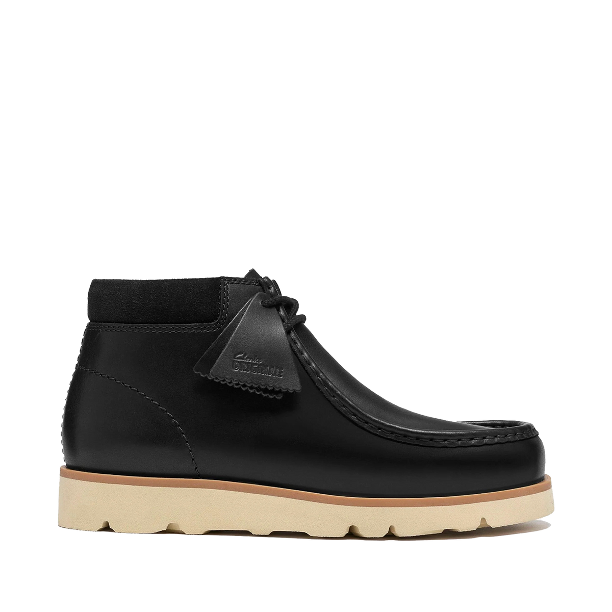 Clarks Originals Walla Orkhon uomo nere, profilo laterale in pelle con suola crema