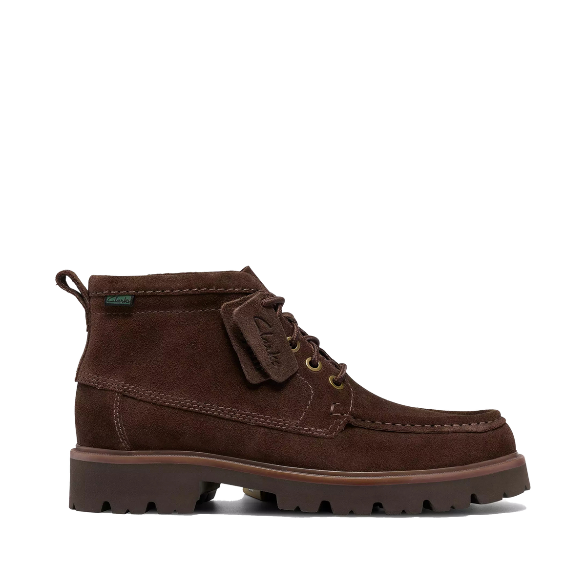 Clarks Cleyhill Hi uomo in camoscio marrone scuro, vista laterale con suola carrarmato