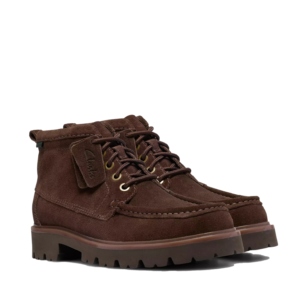 Stivaletti Clarks Cleyhill Hi marroni in camoscio, vista prospettica con lacci e cuciture moc toe