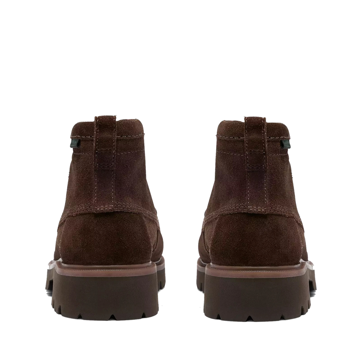 Clarks Cleyhill Hi in pelle scamosciata marrone, vista posteriore con linguetta al tallone