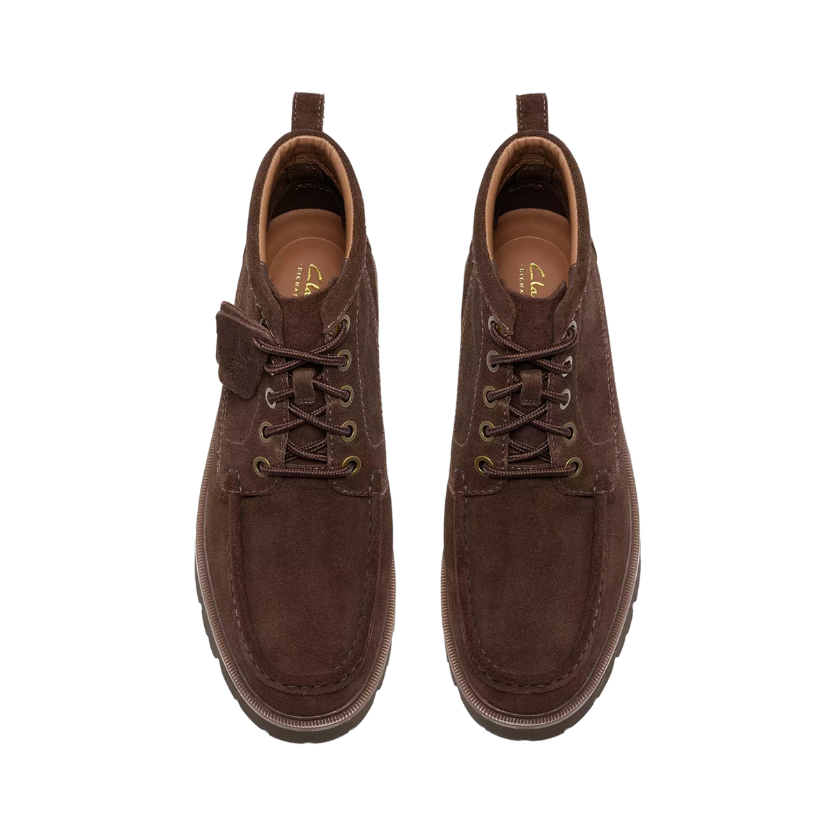 Clarks Cleyhill Hi uomo marrone, vista dall'alto con lacci e punta cucita stile mocassino