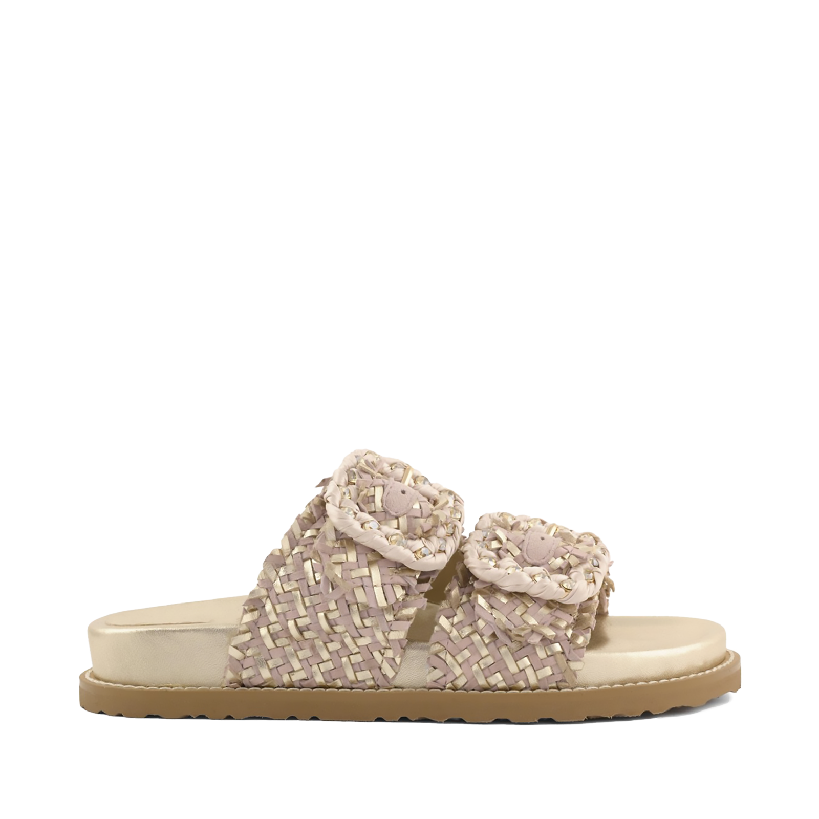 Sandali stile Birkenstock Coral Blue in pelle intrecciata oro e cipria con doppia fascia e fibbie gioiello vista laterale