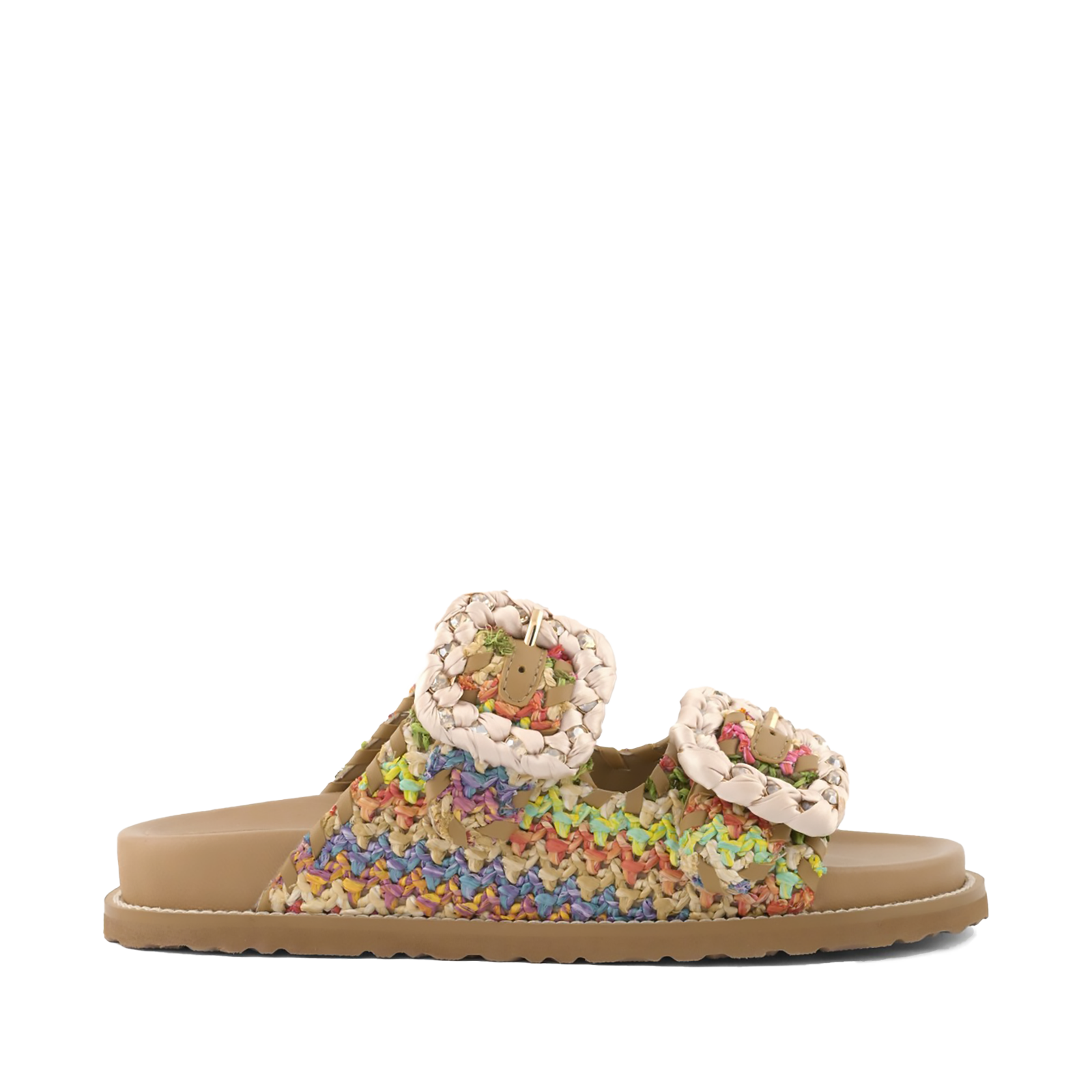 Coral Blue sandali stile Birkenstock donna in raffia multicolor con doppia fascia e fibbie gioiello vista laterale