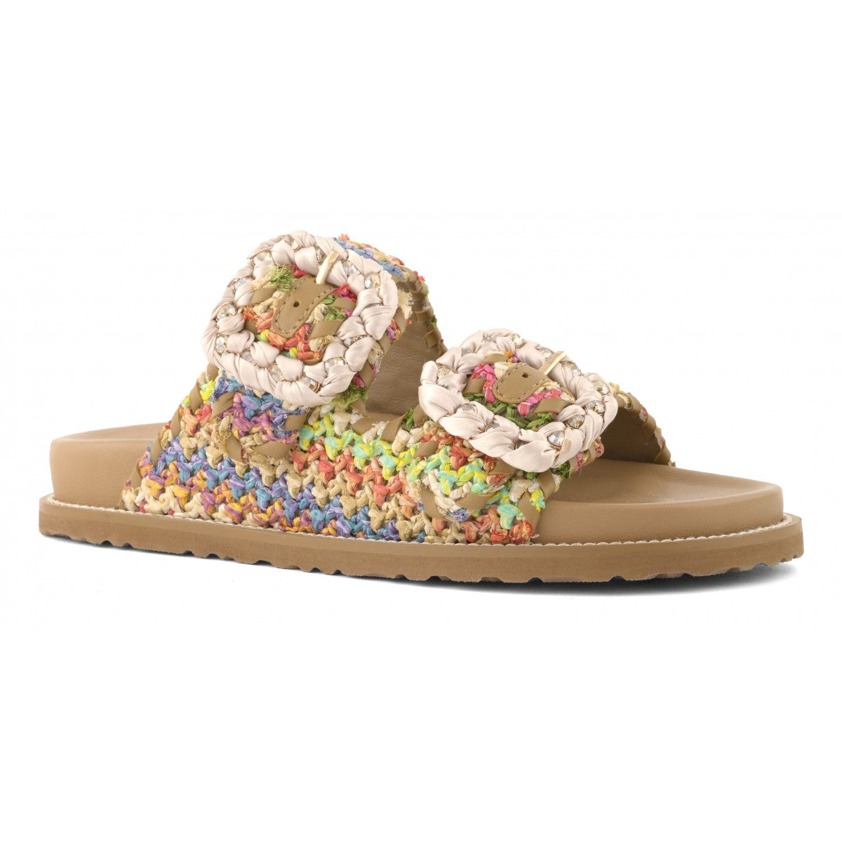 Sandali Coral Blue in raffia multicolor stile Birkenstock con doppia fascia e fibbie gioiello vista tre quarti