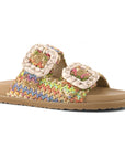 Sandali Coral Blue in raffia multicolor stile Birkenstock con doppia fascia e fibbie gioiello vista tre quarti