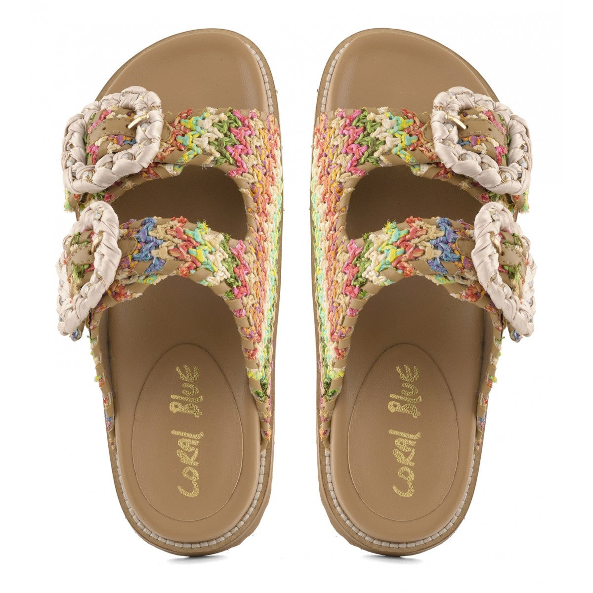 Vista dall'alto sandali Coral Blue stile Birkenstock in raffia multicolor con doppia fascia regolabile e fibbie gioiello