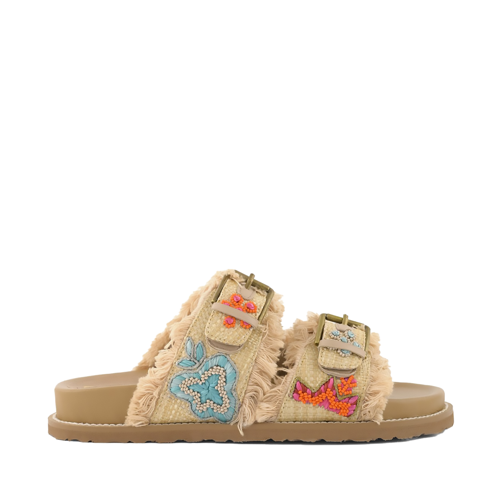 Sandali stile Birkenstock Coral Blue in raffia beige con ricami floreali, frange e doppia fascia vista laterale