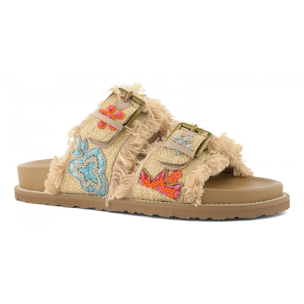 Sandali Coral Blue in raffia ricamata con applicazioni multicolor e fibbie regolabili vista tre quarti