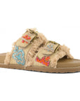 Sandali Coral Blue in raffia ricamata con applicazioni multicolor e fibbie regolabili vista tre quarti