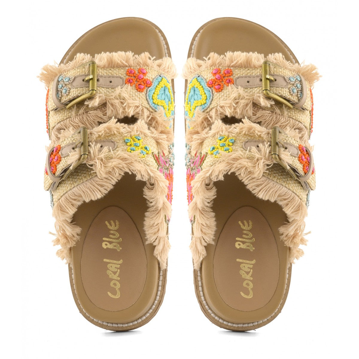 Sandali Coral Blue in raffia ricamata con applicazioni multicolor e fibbie regolabili vista tre quarti