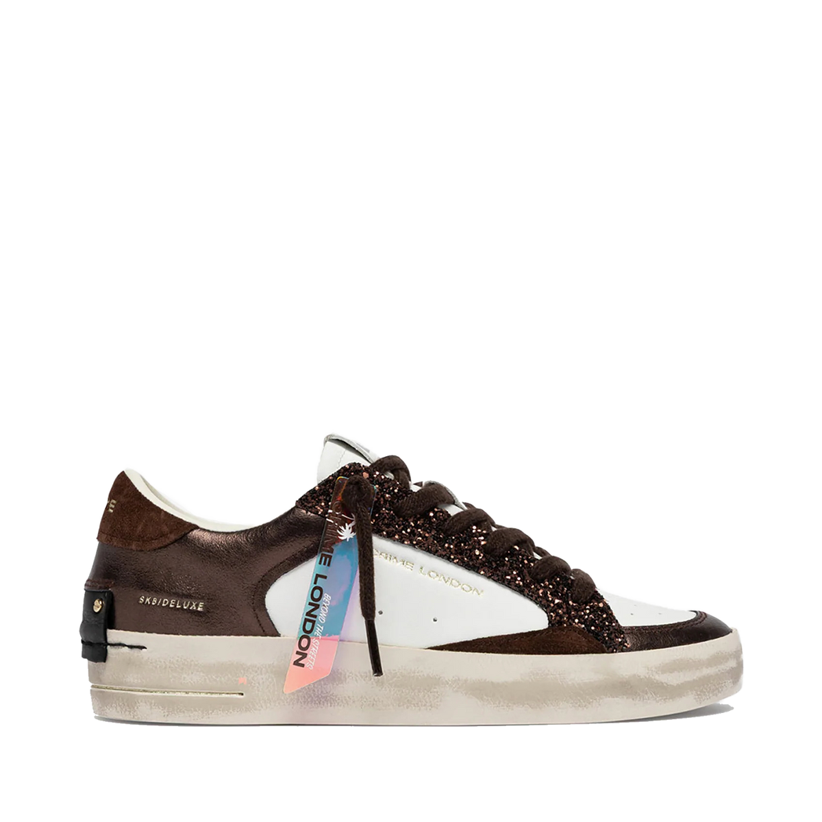 Sneakers Crime London SK8 Deluxe marroni con inserti glitter bronzo e pelle color latte