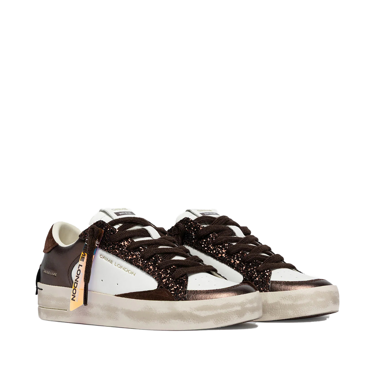 Crime London SK8 Deluxe donna in pelle marrone e latte con punta traforata e glitter