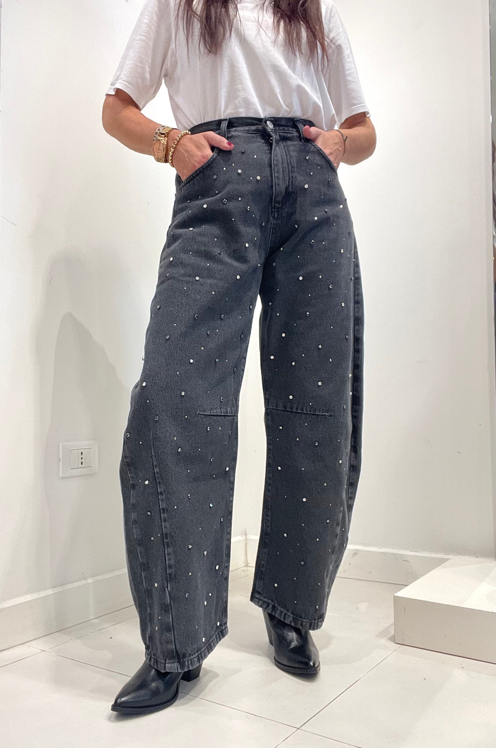 Meme Road - jeans nero con strass