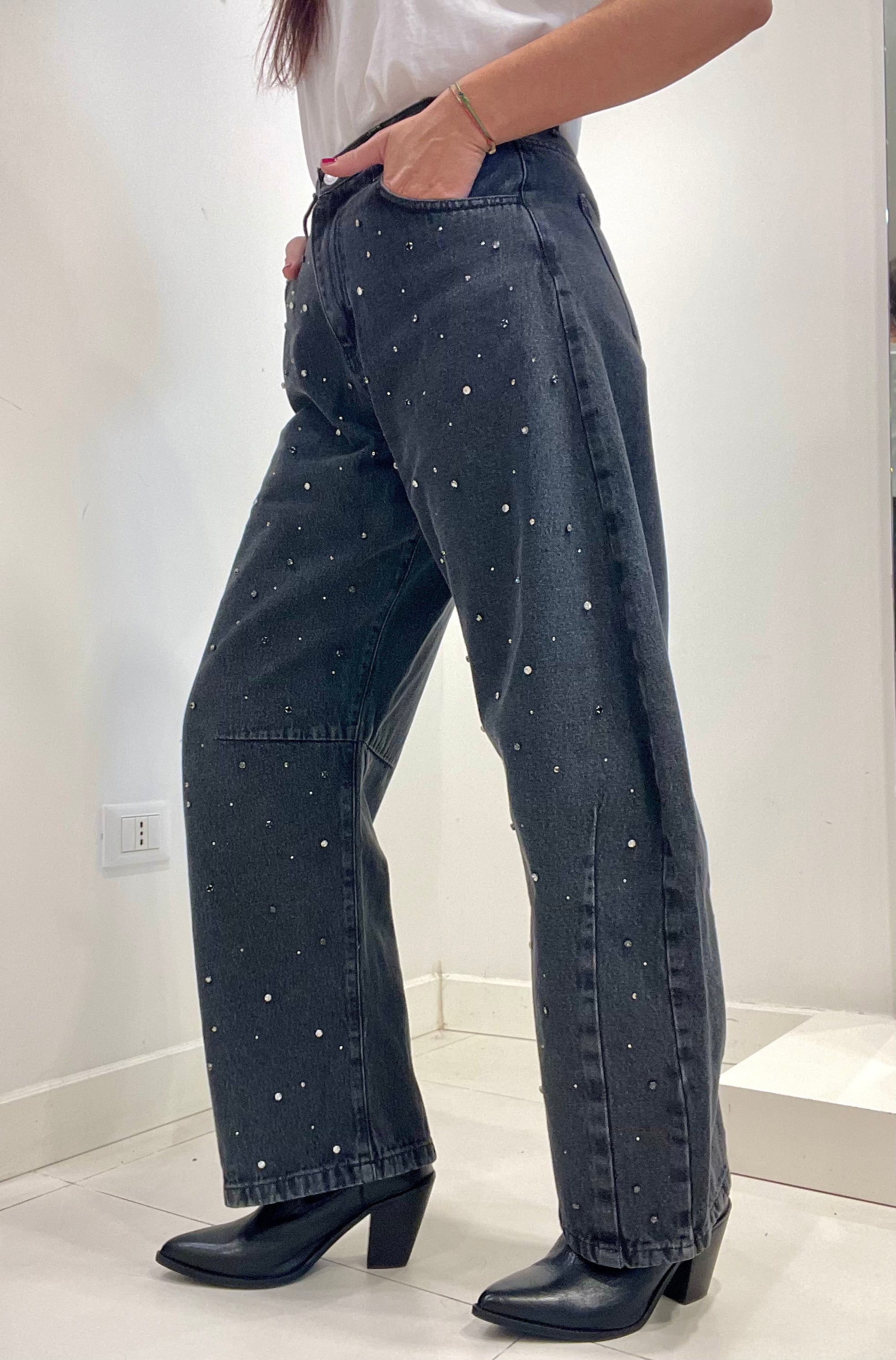 Meme Road - jeans nero con strass
