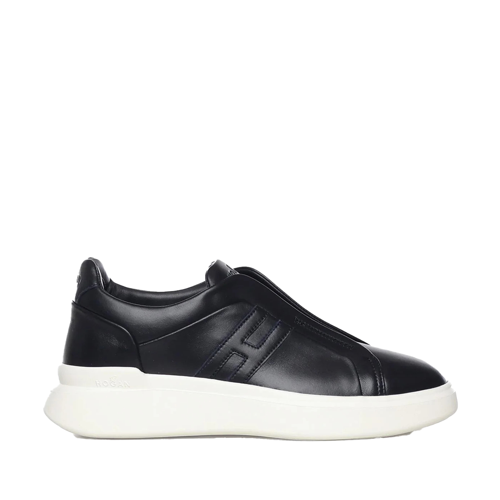 Sneakers Hogan H580 Slip-On uomo blu in pelle di vitello HXM5800BE00LE9U801 vista laterale.