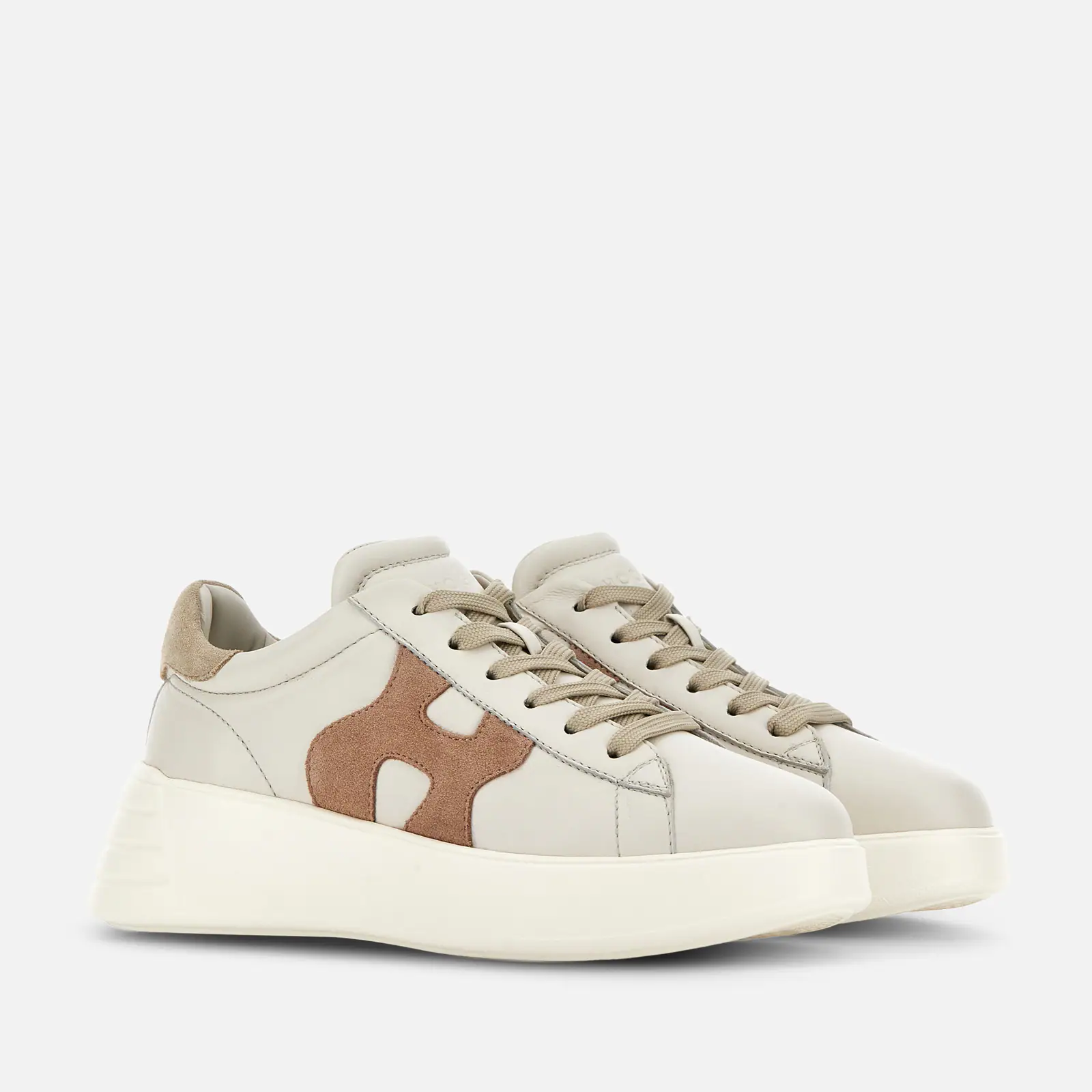 Sneakers Hogan Rebel avorio donna con suola platform vista laterale e frontale in pelle e camoscio