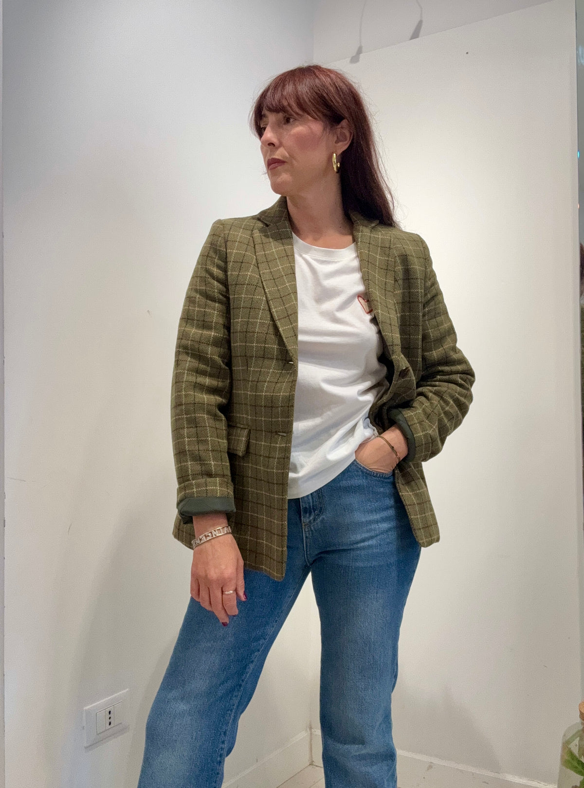 Nice things - Blazer Donna Verde Oliva a Quadri con imbottitura interna
