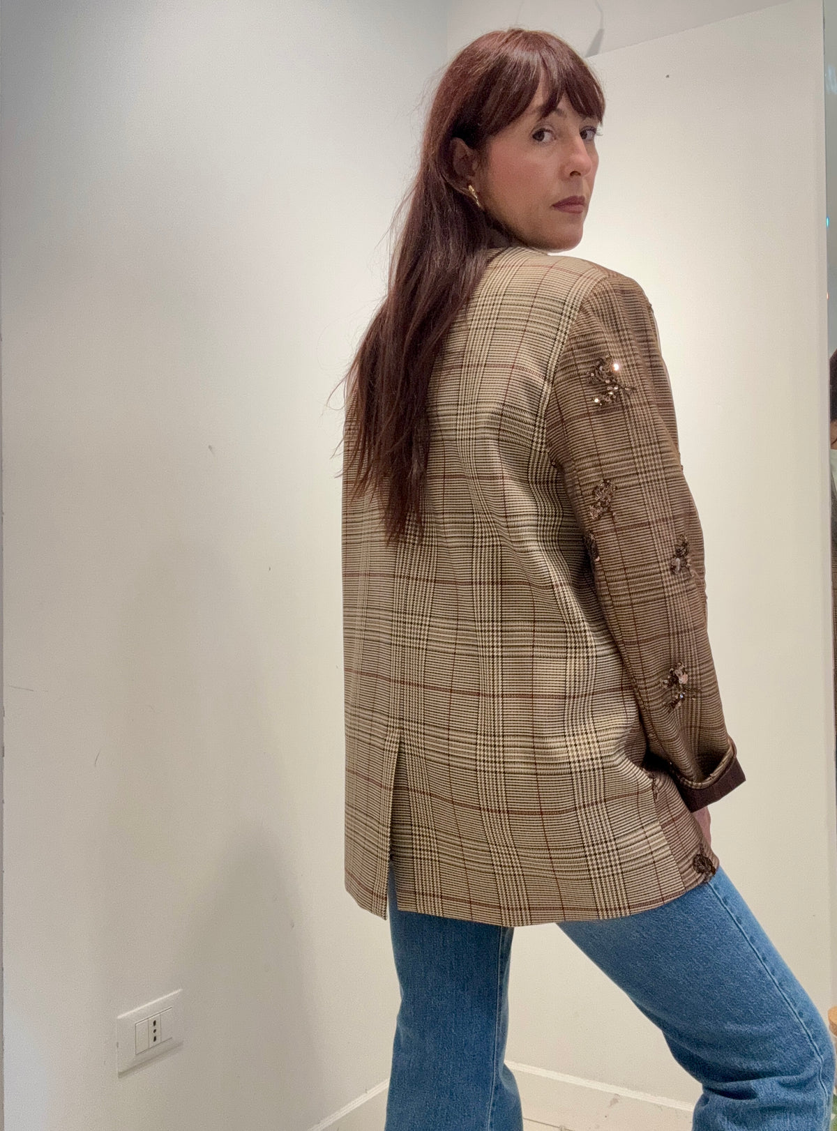 Meme Road – Blazer Donna Principe di Galles Beige con Paillettes