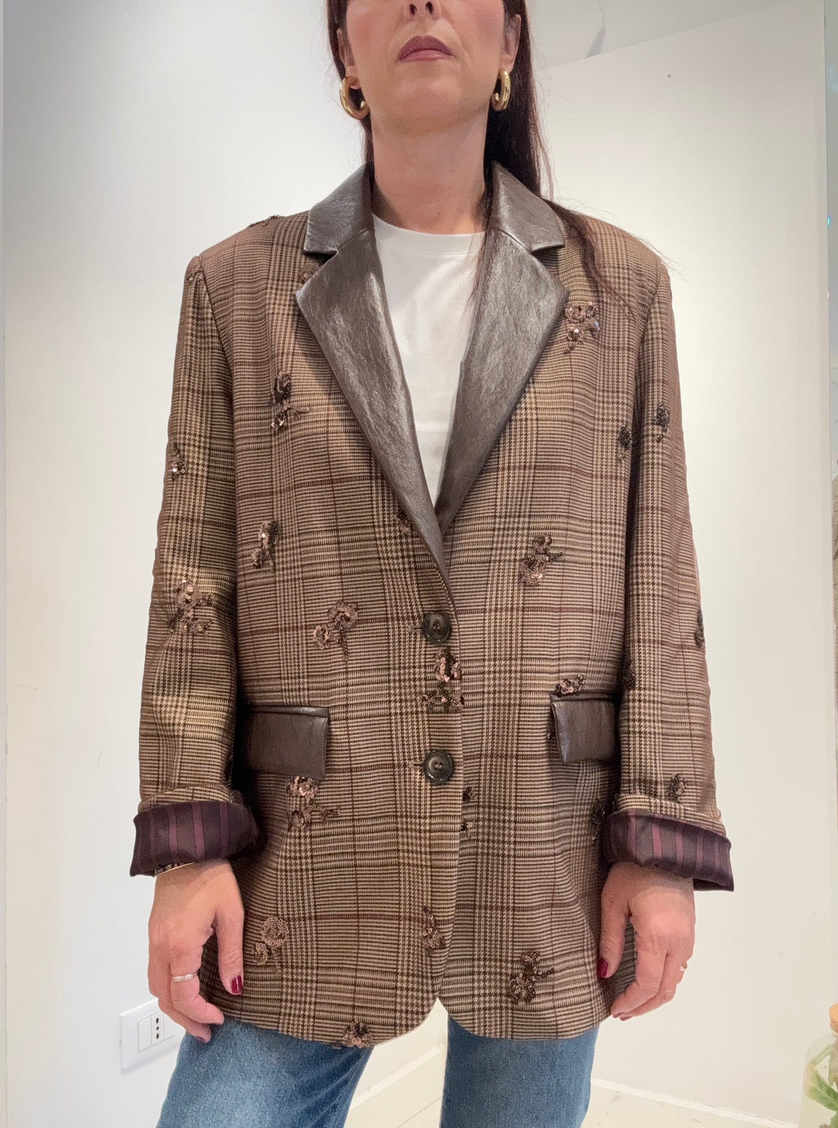Meme Road – Blazer Donna Principe di Galles Beige con Paillettes