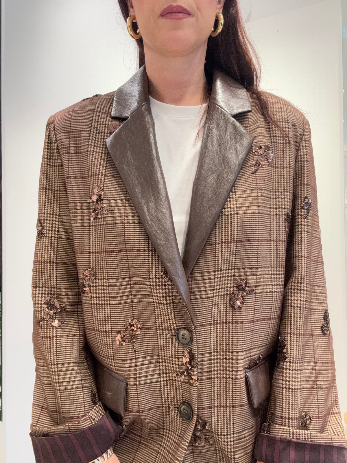 Meme Road – Blazer Donna Principe di Galles Beige con Paillettes