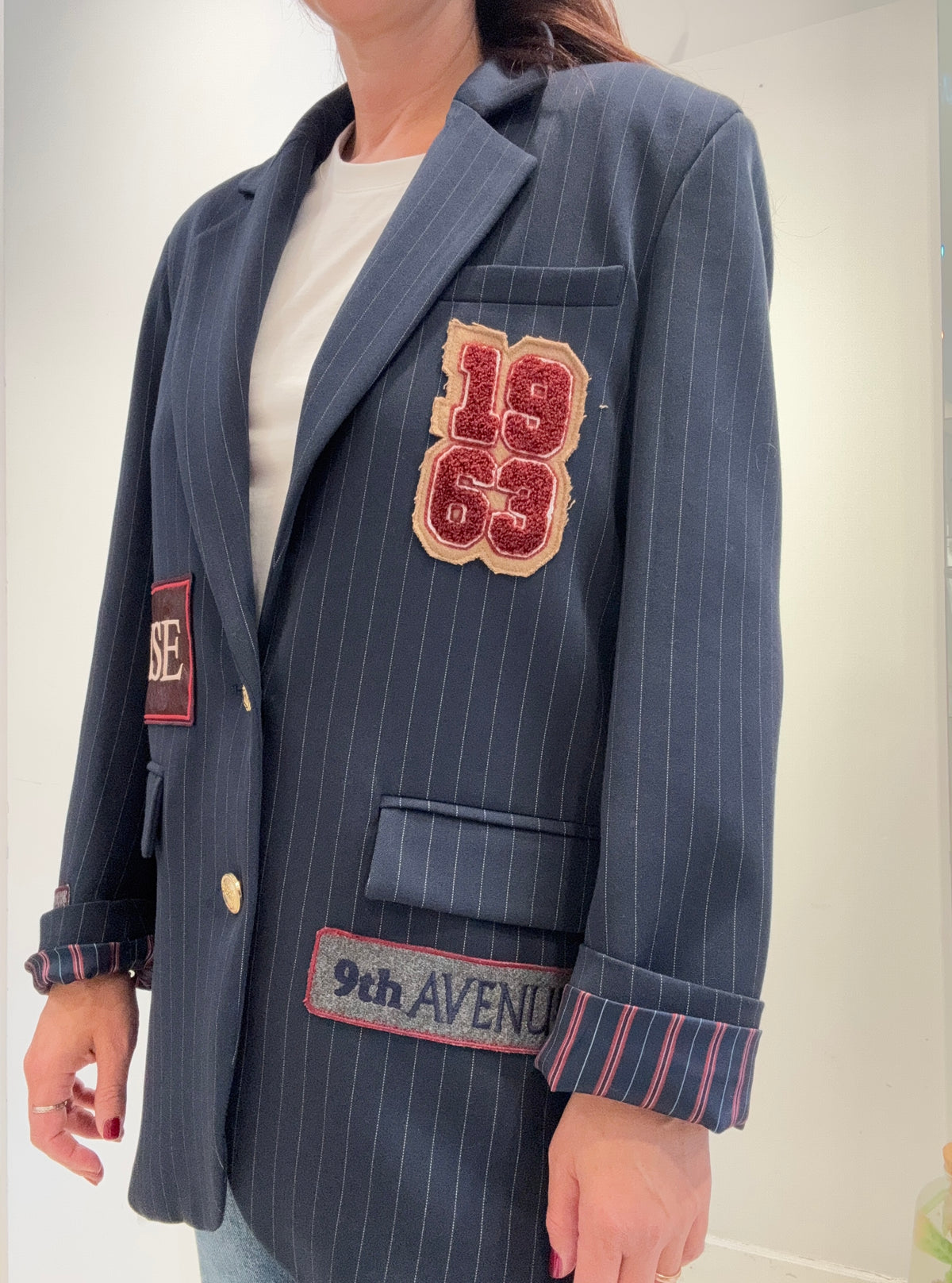 Meme Road – Blazer Donna Oversize Gessato Blu con Patch