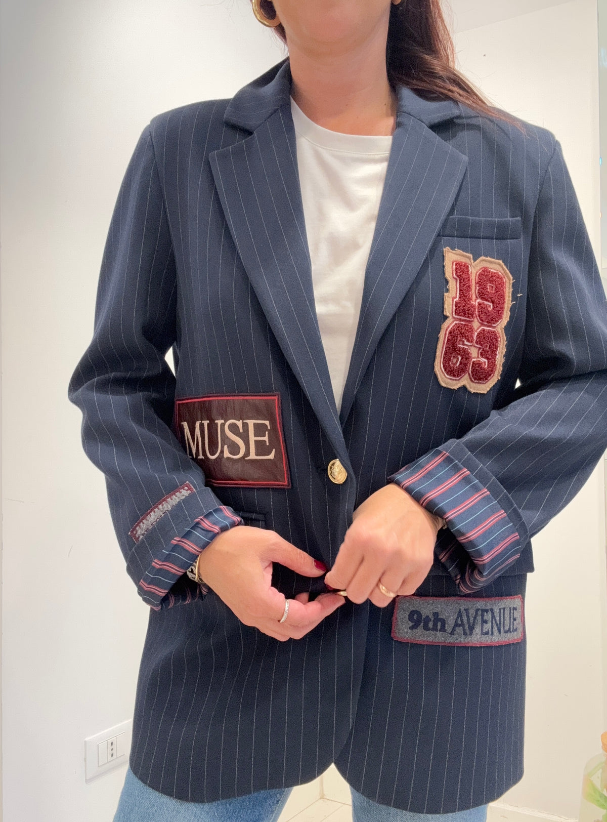 Meme Road – Blazer Donna Oversize Gessato Blu con Patch