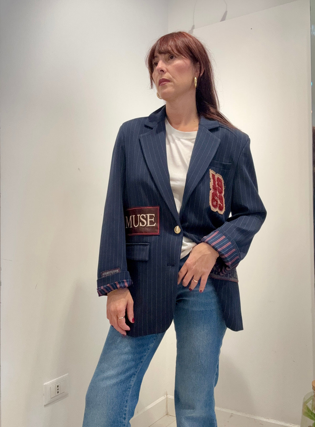 Meme Road – Blazer Donna Oversize Gessato Blu con Patch
