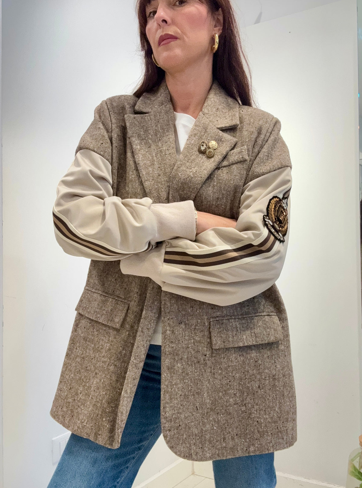 Le Streghe – Blazer Donna Oversize Multimateriale Beige e Marrone