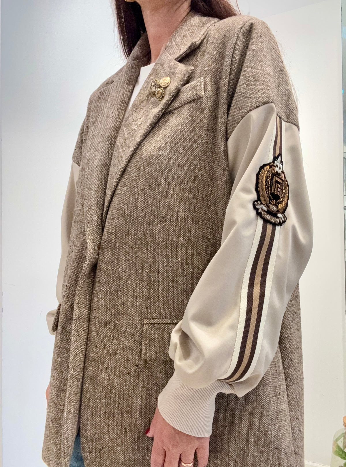 Le Streghe – Blazer Donna Oversize Multimateriale Beige e Marrone