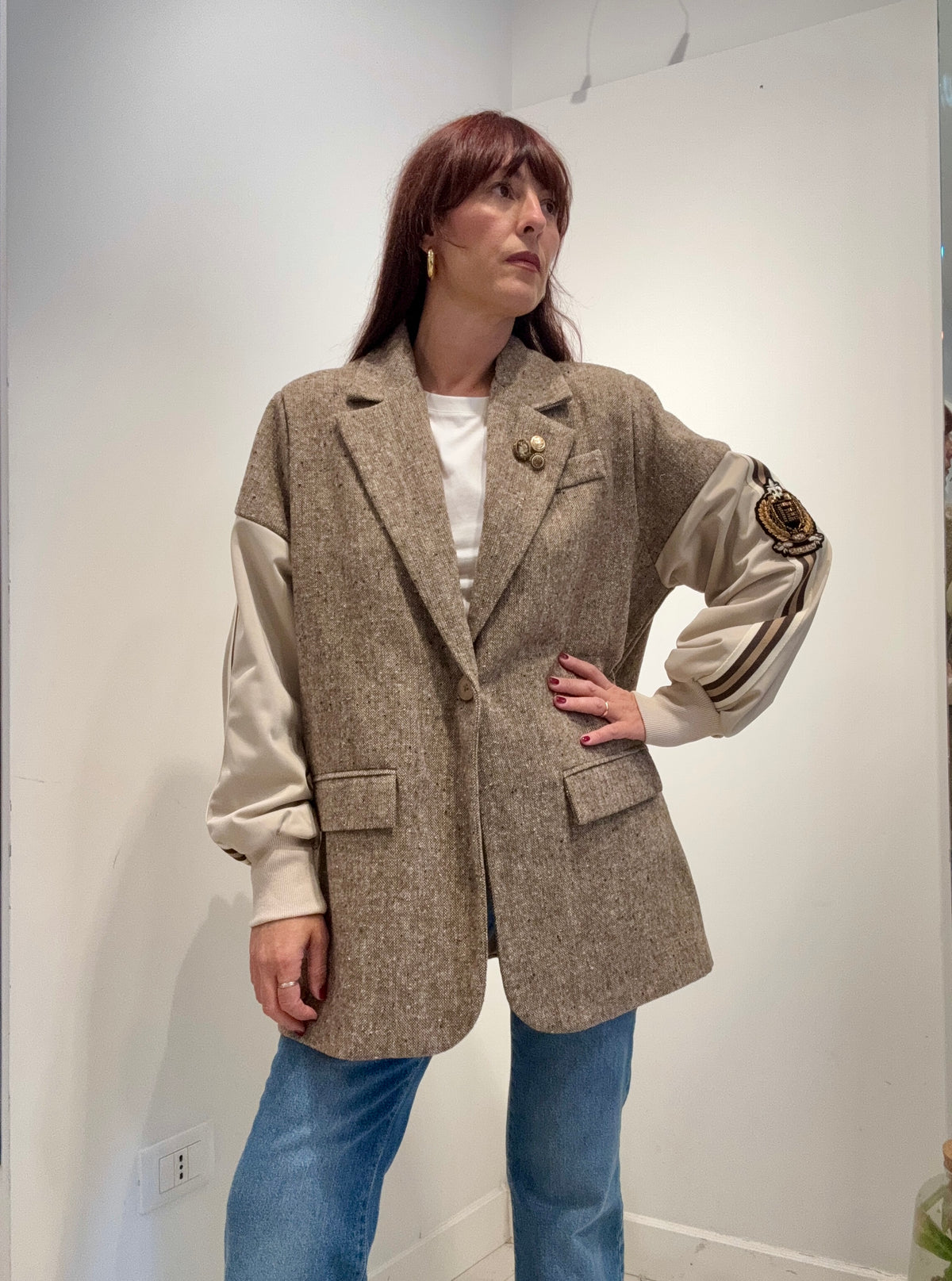 Le Streghe – Blazer Donna Oversize Multimateriale Beige e Marrone