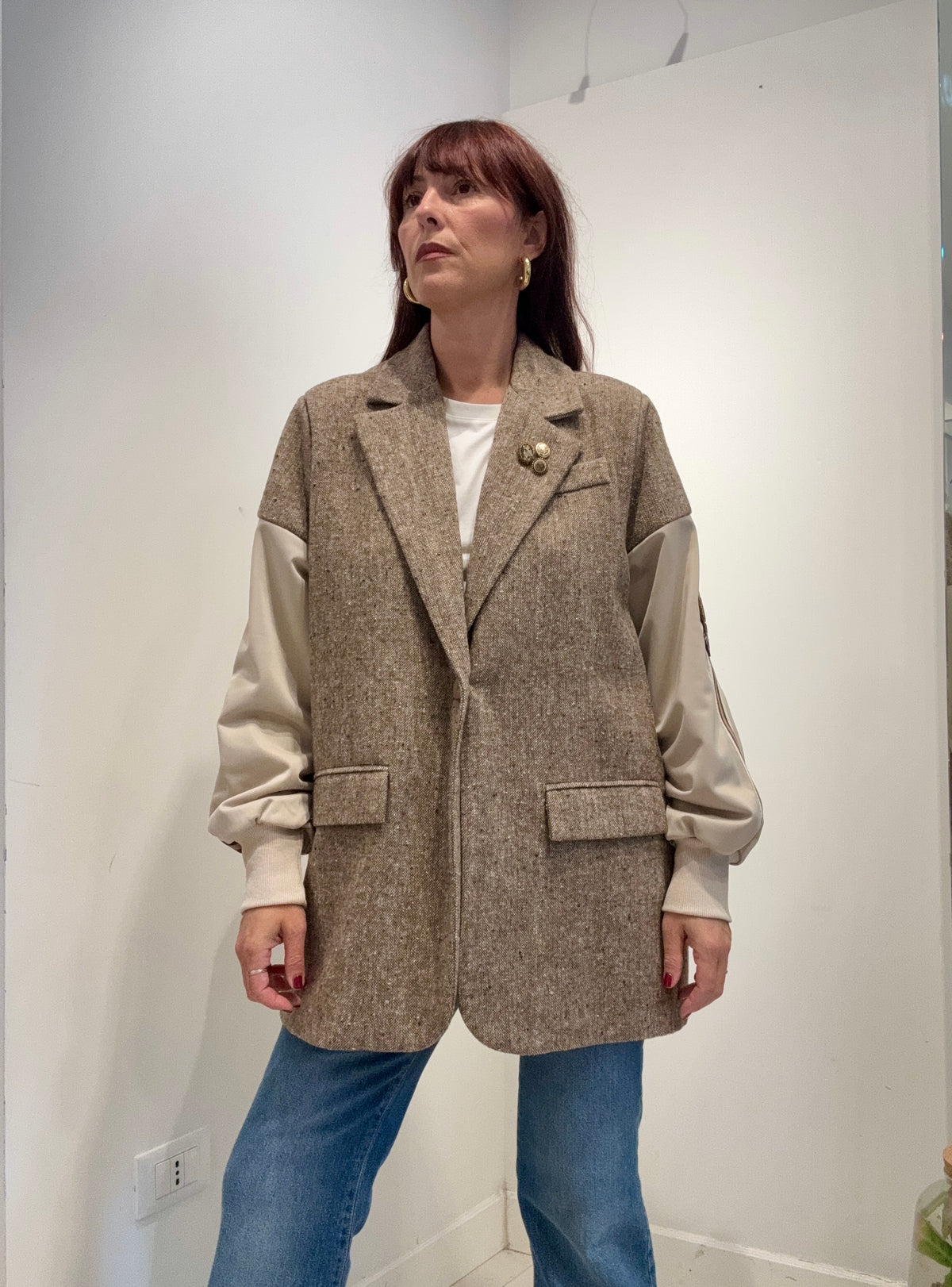 Le Streghe – Blazer Donna Oversize Multimateriale Beige e Marrone