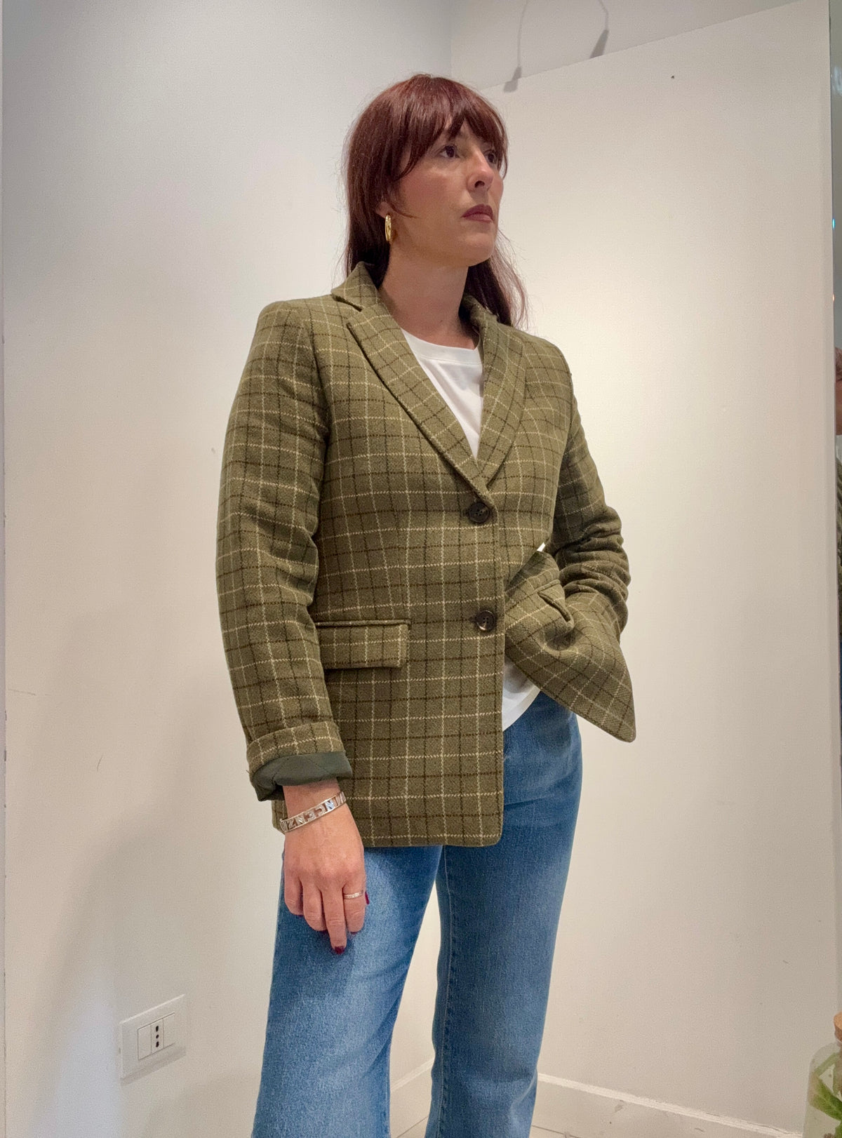 Nice things - Blazer Donna Verde Oliva a Quadri con imbottitura interna