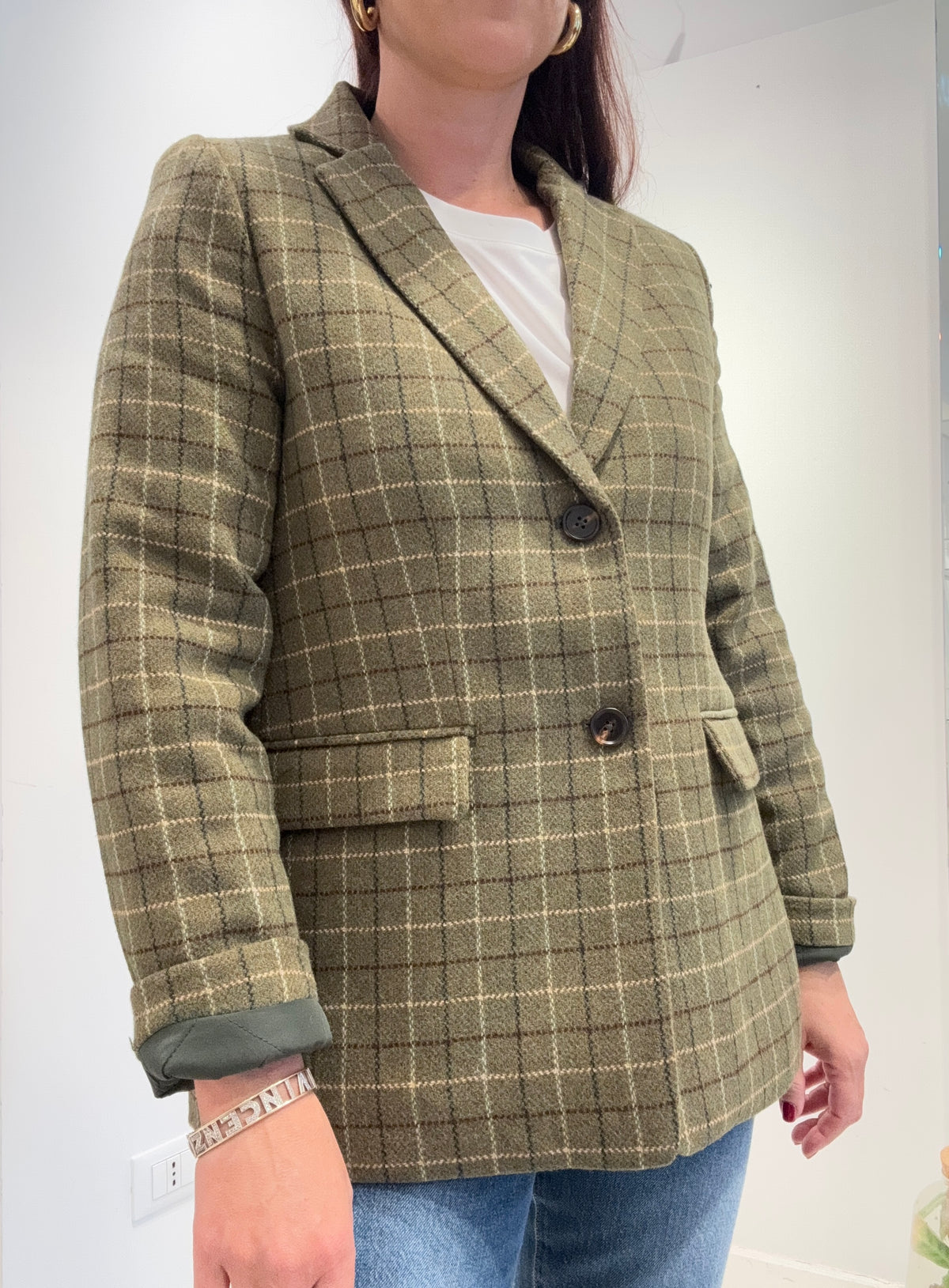 Nice things - Blazer Donna Verde Oliva a Quadri con imbottitura interna