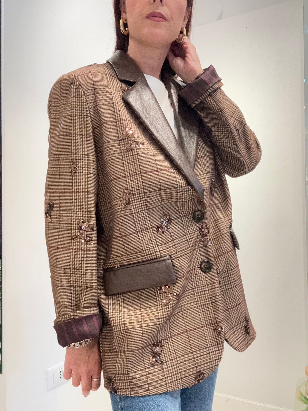 Meme Road – Blazer Donna Principe di Galles Beige con Paillettes