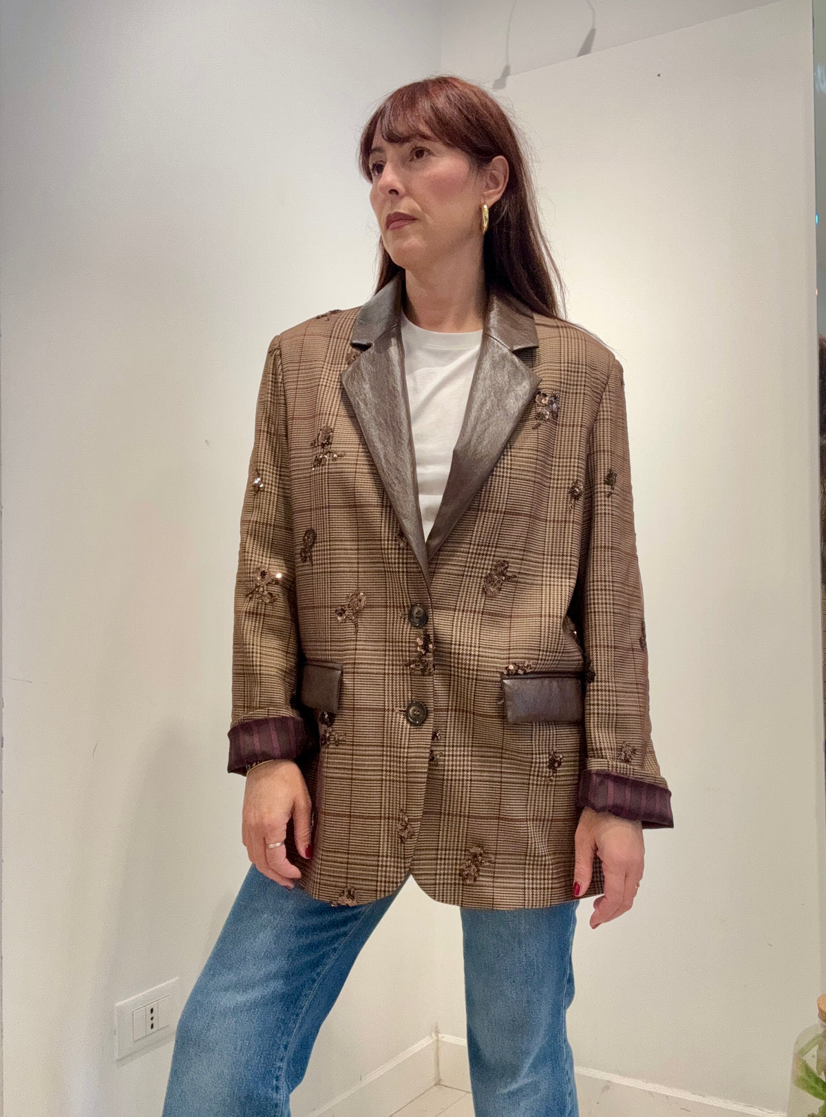 Meme Road – Blazer Donna Principe di Galles Beige con Paillettes
