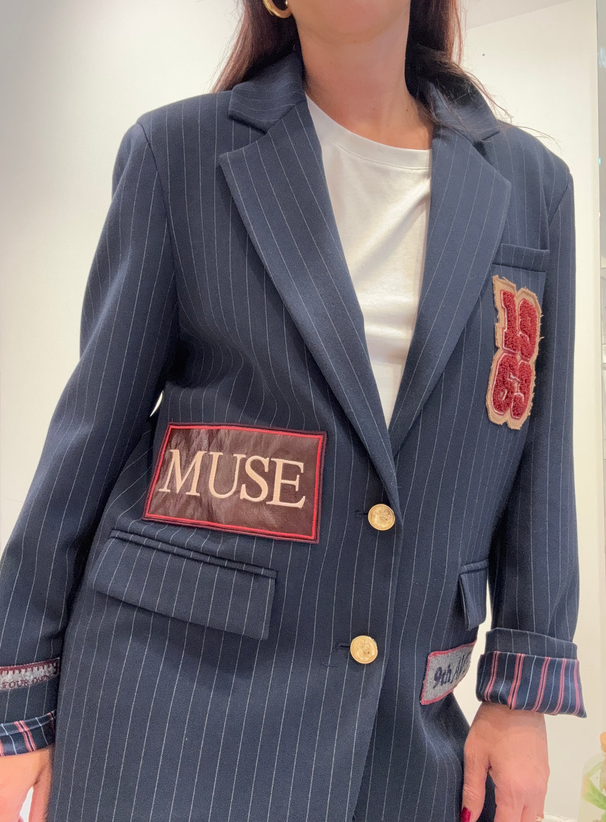 Meme Road – Blazer Donna Oversize Gessato Blu con Patch