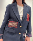 Meme Road – Blazer Donna Oversize Gessato Blu con Patch
